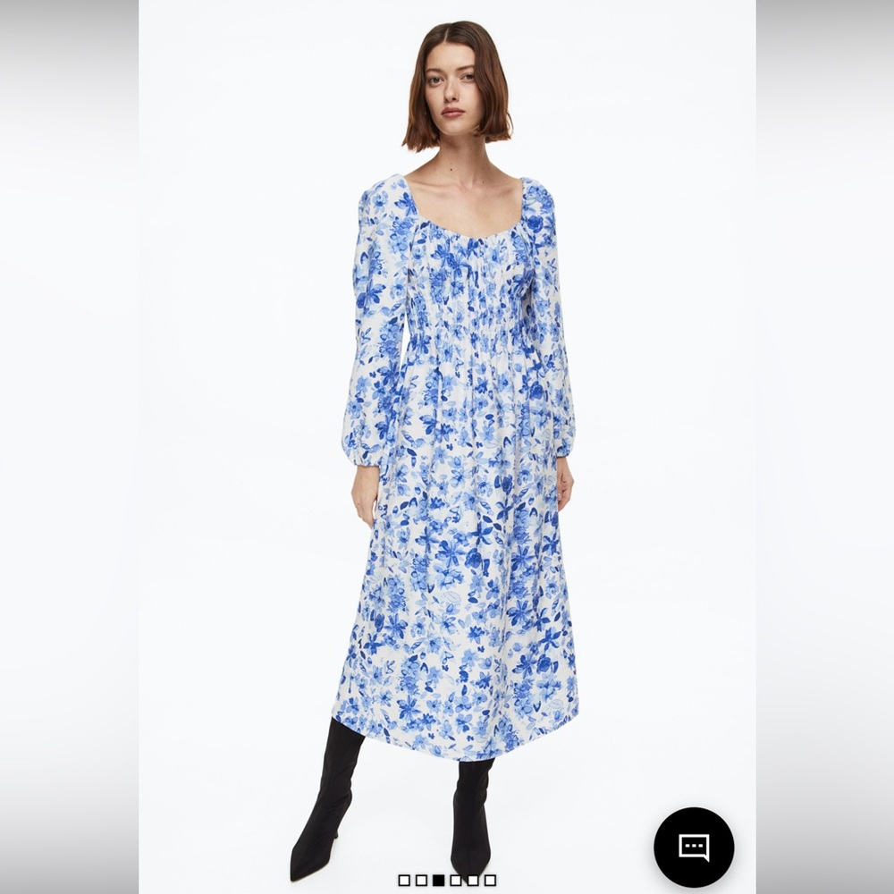 H&M Balloon Sleeve Smocked Blue White Floral Midi Dress